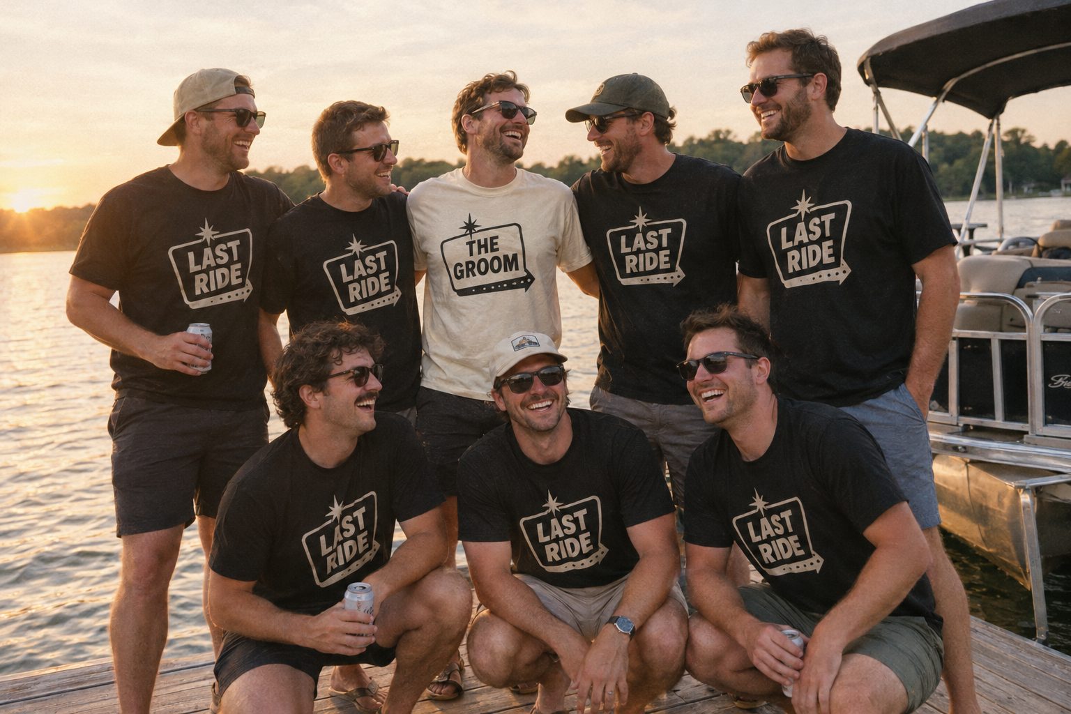 Eight groomsmen on a lake dock wearing matching black Last Ride shirts, the groom in a cream shirt